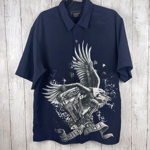 No‎ Boundaries Shirt Men Medium Navy Blue Button Front Camp Eagle Ride Free
